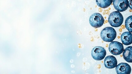   A cluster of blueberries positioned atop a table beside a bowl containing blueberries adorned with gold specks