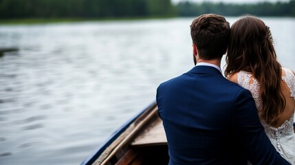 Fototapeta premium Romantic newlyweds gazing out at calm lake from wooden boat together