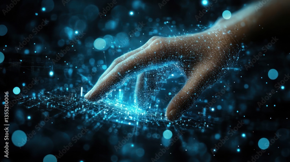 Poster abstract hand interacting with digital data.