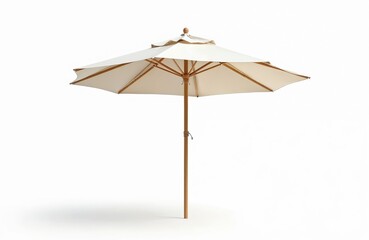 White beach umbrella with wooden pole provides shade. Parasol isolated on white background. Sun protection, beach vacation, travel destination concept. Enjoy summer holidays, leisure time on beach.