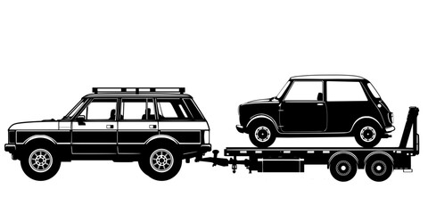 SUV towing trailer with classic city car 