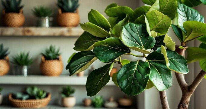 A glimpse of a fiddle-leaf fig tree positioned on the right side of a frame, showcasing a contemporary rustic backdrop with succulent plants.