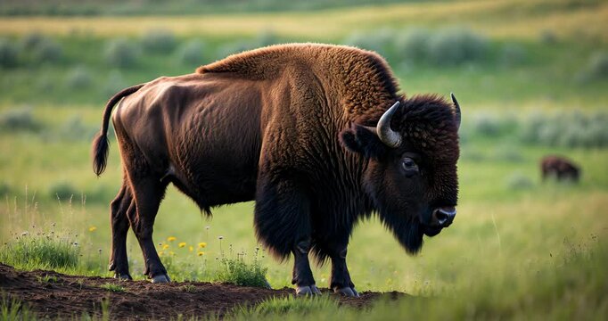 Bison roaming in their pasture and feeding for sustenance.