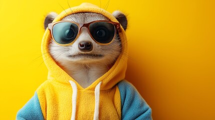 Fototapeta premium A stylish meerkat in sunglasses and colorful attire strikes a confident pose against a bright yellow backdrop, showcasing its quirky and playful personality