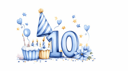 Tenth Birthday Celebration Cake, Balloons, and Confetti