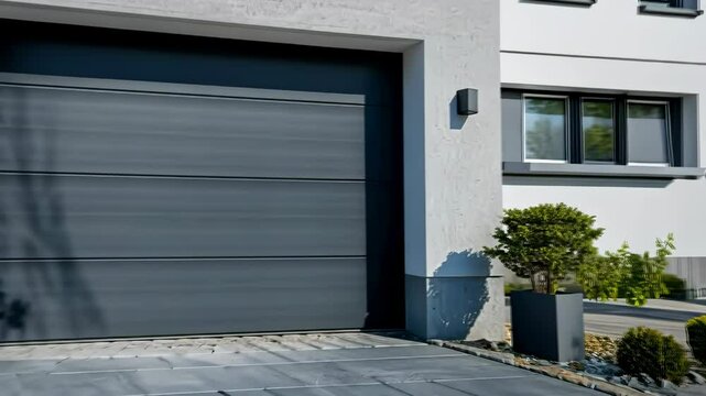 Modern home exterior with automated garage door opening in sunlit residential area