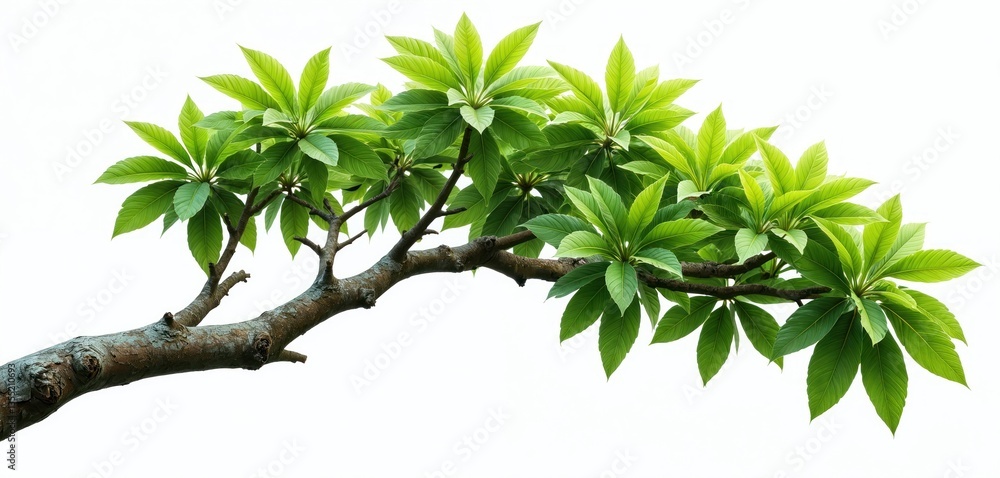 Poster isolated tree branch with green leaves isolated on white background. fresh vibrant spring foliage. n