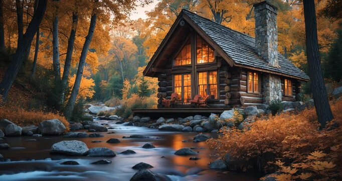 A comfortable wooden cabin located in the center of a peaceful forest. Its robust timber walls and shingled roof radiate rustic appeal, while a stone chimney suggests the coziness of a flickering