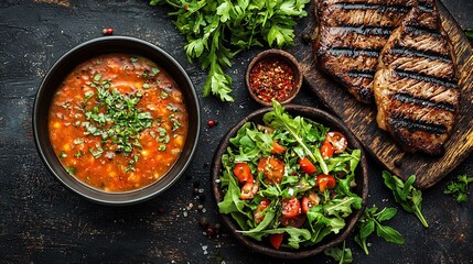 Grilled steak, tomato soup, and salad.