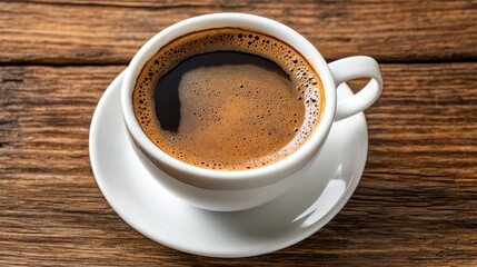 Fototapeta premium Aromatic Black Coffee in White Cup on Rustic Wood Table.