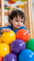 Obraz premium Toddler playing with colorful balls in playroom