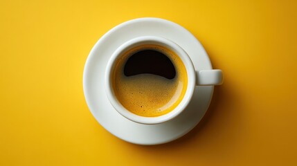 Aromatic Espresso Top View on Vibrant Yellow Background.