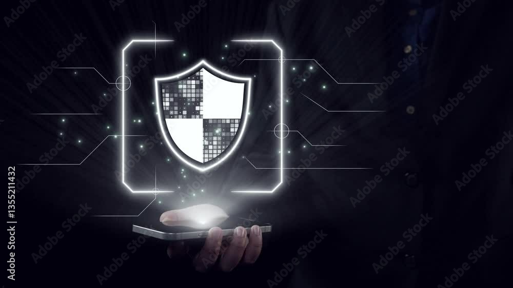 Poster a conceptual representation of cybersecurity featuring a smartphone displaying a shield design, surr