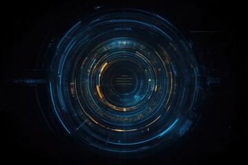 Futuristic HUD display with concentric circles, glowing lines and data streams
