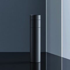 a simple black tube with a matte finish, minimalistic composition, placed on a reflective glass surface, clean and modern atmosphere