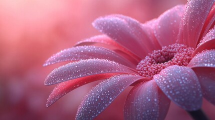 Fototapeta premium Dew-kissed pink gerbera, garden sunrise, website banner