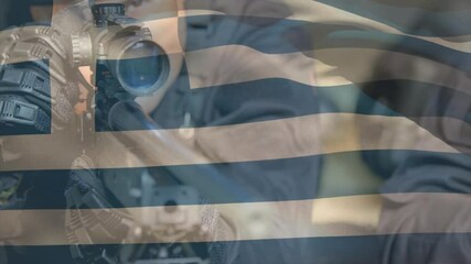 Aiming rifle with scope, person overlaying Greek flag pattern in animation