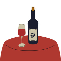Vector illustration of red wine on the table in cartoon style. Hand drawn wine bottle and wine glass