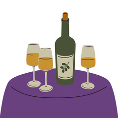 Vector illustration of white wine on the table in cartoon style. Hand drawn wine bottle and wine glasses.
