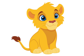Fototapeta premium Cartoon Lion Cub Seated, Golden Fur, Blue Eyes, Brown Tail Isolated On White