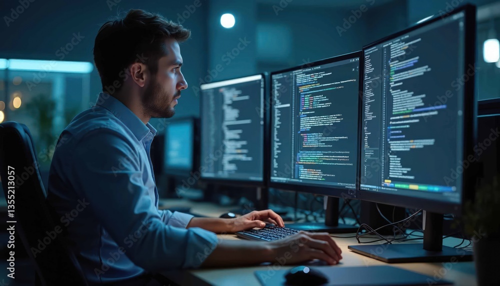 Fototapete Software developer coding on multiple monitors in office. Programmer writes code, types on keyboard. Workstation with code on screen. specialist, computer science, modern tech job. Programmer works