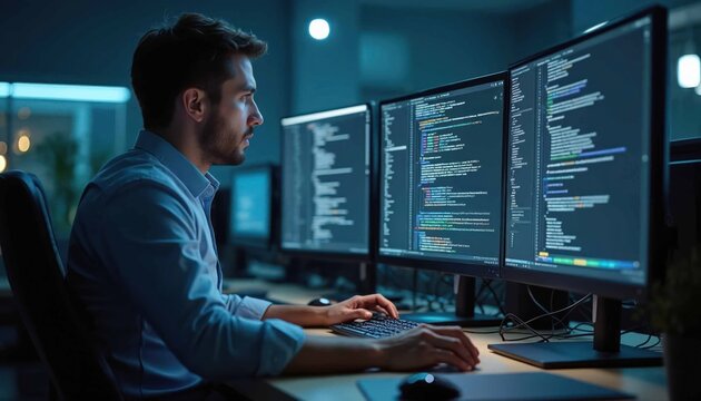 Software developer coding on multiple monitors in office. Programmer writes code, types on keyboard. Workstation with code on screen. specialist, computer science, modern tech job. Programmer works - Powered by Adobe