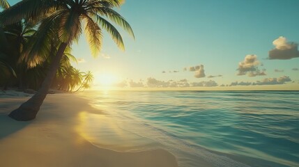 Serene Tropical Beach Sunset Golden Hour Palm Trees Ocean Waves Sandy Shore Idyllic Paradise Vacation Relaxation Summer Holiday Tropical Island Exotic