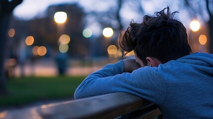 Lonely Young Man Sitting on Bench with Head Down in Evening Park : Generative AI
