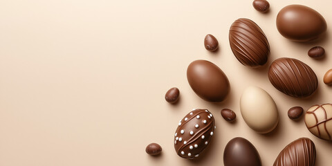 Easter wallpaper with chocolate eggs on a beige background with copy space