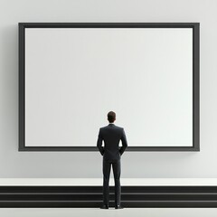 Obraz premium A businessman stands before a large blank canvas, contemplating possibilities