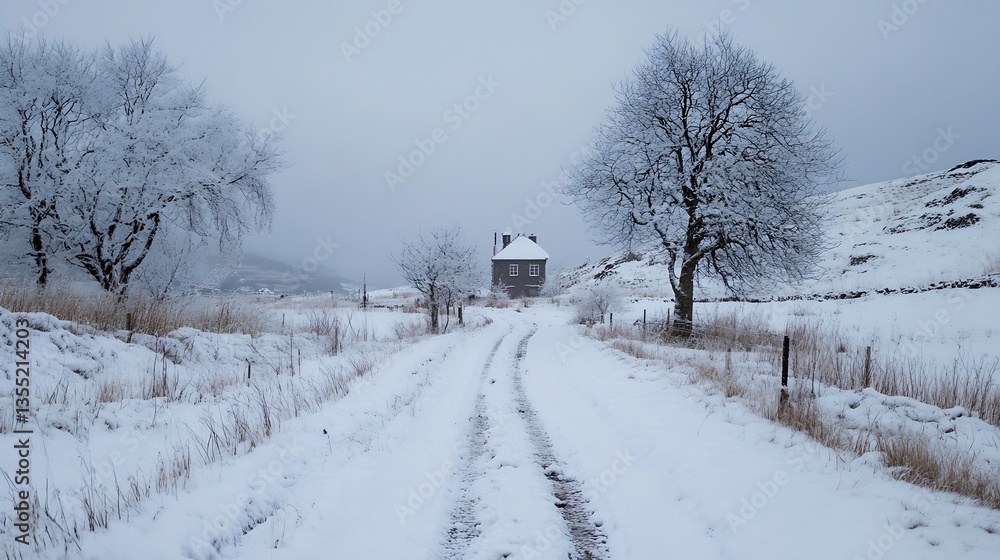 Poster winter wonderland scene with snow covered path and trees near a cozy house : generative ai