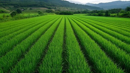 Lush green rice fields stretching endlessly under a clear blue sky creating a vibrant landscape : Generative AI