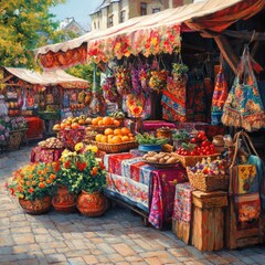 Fototapeta premium A traditional Ukrainian market, with stalls selling colorful fabrics, handcrafted pottery, and fresh produce, the smell of bread and flowers in the air, vibrant and authentic.