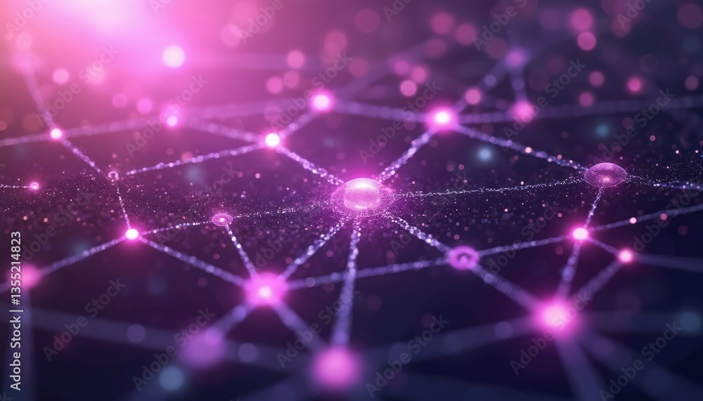 Aufkleber Abstract neural network connection on purple gradient background. Digital tech, futuristic AI concept with bokeh effect. Creative geometric pattern, tech background, information data transfer. Modern