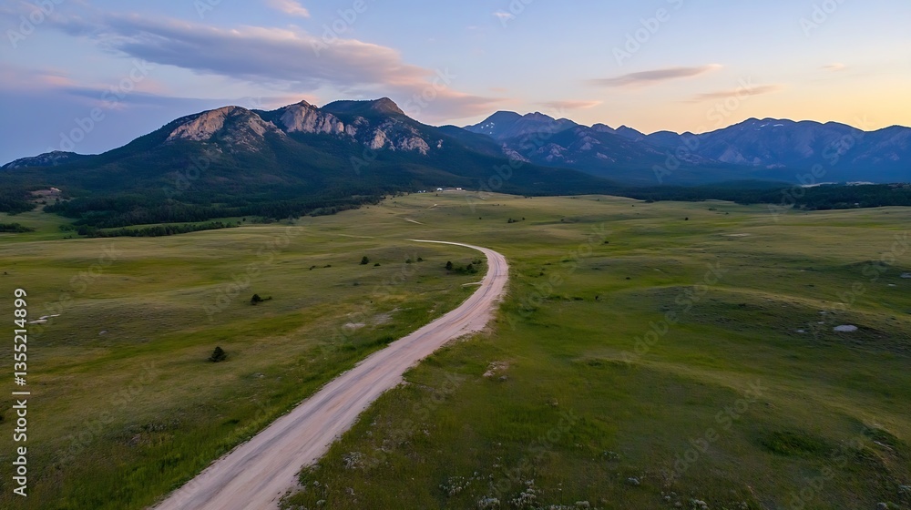Poster aerial view of winding road through expansive green fields with distant mountains under the colorful