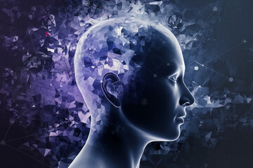Abstract profile of a head, geometrically fragmented, set against a dark, polygonal background, symbolizing artificial intelligence, digital transformation, or technological innovation