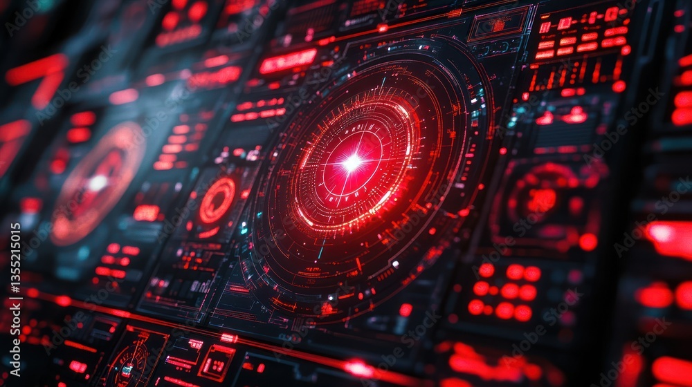 Poster futuristic red digital interface with central circular display.