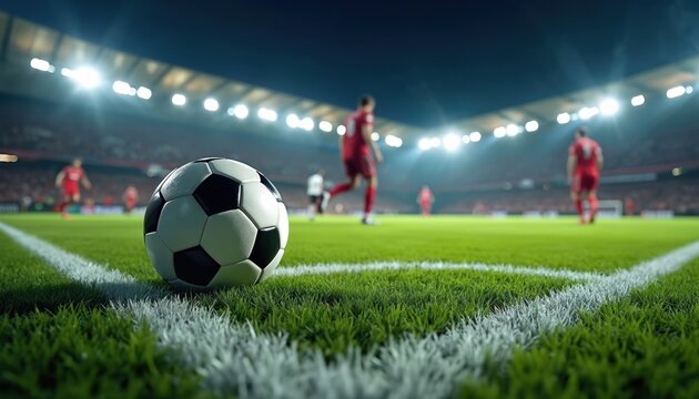 Fototapeta Football match, soccer ball close-up on green grass field. Stadium, players, corner line. Sport competition, goal, game, championship, league event. Soccer game background. Football team.