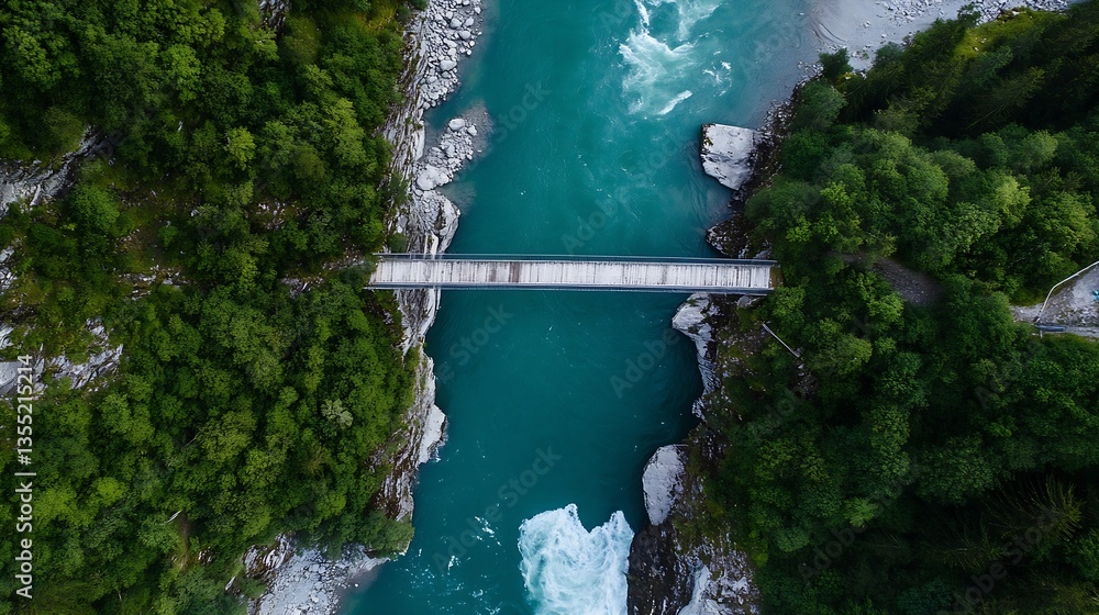Poster aerial view of a serene river with a bridge surrounded by lush greenery and rocky landscapes : gener