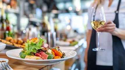 Delicious Gourmet Dish with Fresh Ingredients and Glass of White Wine : Generative AI