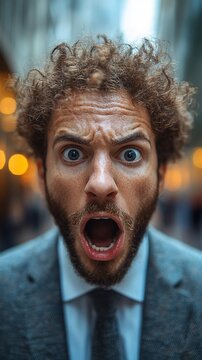 Shocked businessman with open mouth and wide eyes.