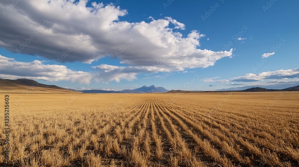 Poster expansive golden field under a bright sky with fluffy clouds captured in nature : generative ai