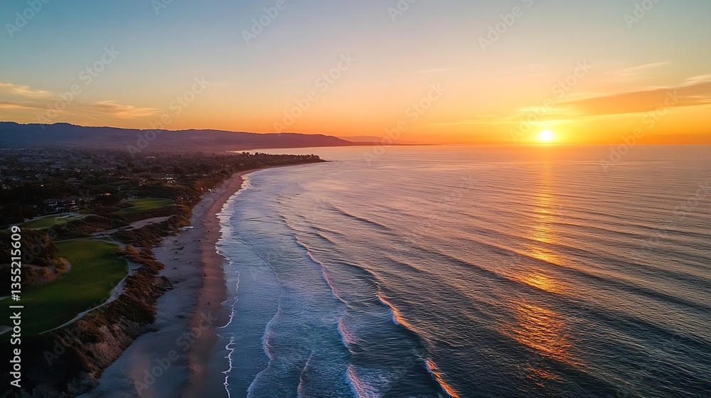 Poster Breathtaking sunset over the tranquil ocean waves and sandy beach with soft colors in the sky : Generative AI
