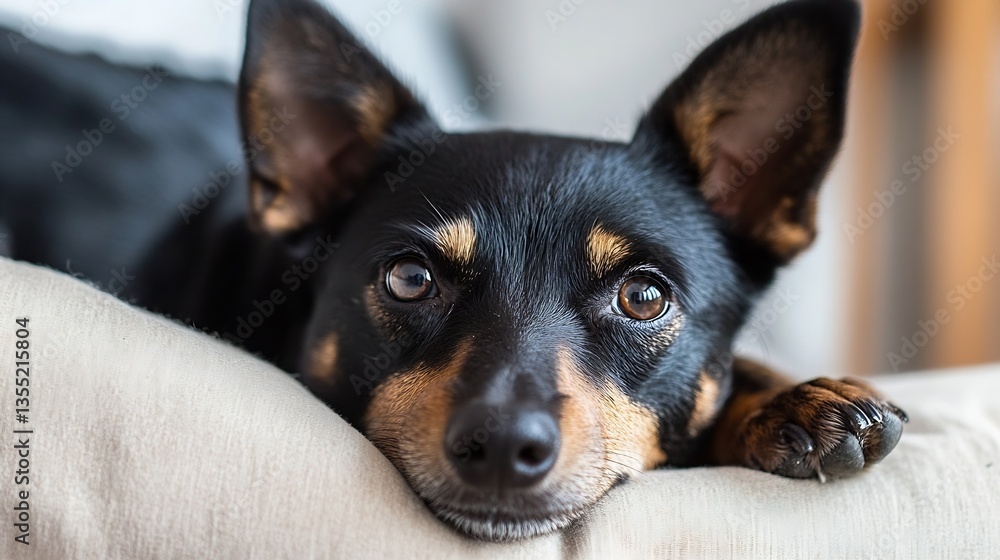 Poster cute black and tan dog relaxing comfortably on soft cushion with alert expression : generative ai