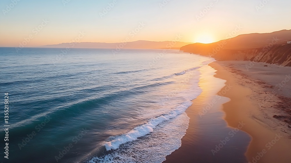 Aufkleber serene beach landscape with golden sun setting over calm ocean waves : generative ai