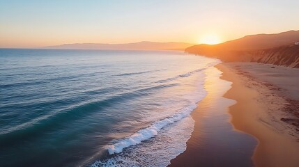Fototapeta premium Serene beach landscape with golden sun setting over calm ocean waves : Generative AI