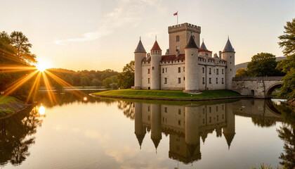 Obraz premium Castle reflecting at sunset by calm water, serene beauty, Calm water reflection