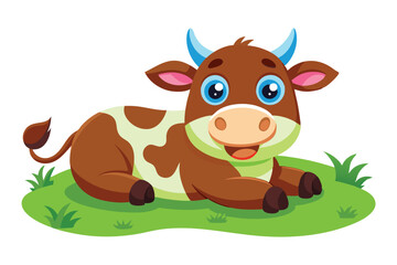 Obraz premium Cartoonish Brown Cow with Light Blue Horns Lying in Green Grass