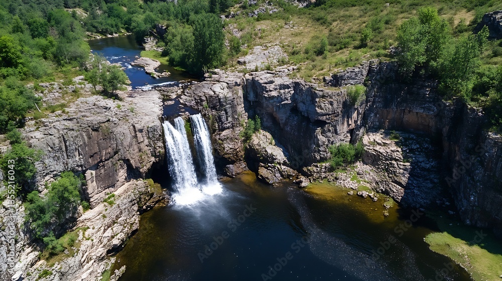 Poster A breathtaking aerial view of a stunning waterfall cascading into a tranquil pool surrounded by greenery : Generative AI
