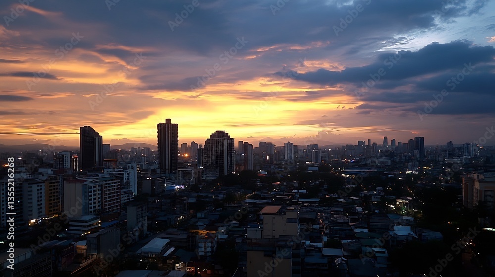 Poster stunning sunset view over a bustling city skyline with dramatic clouds and warm colors creating a me